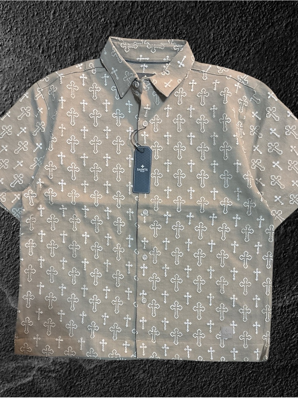 Saints Studio Beige Metallic Embroidered Cross Button Down Shirt Men's M NWT